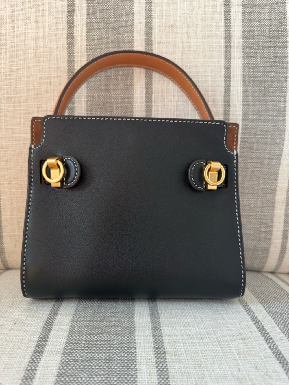 Original Tory Burch Petite Lee Radziwill Double Bag - Black with white stitching - Picture 3 of 12